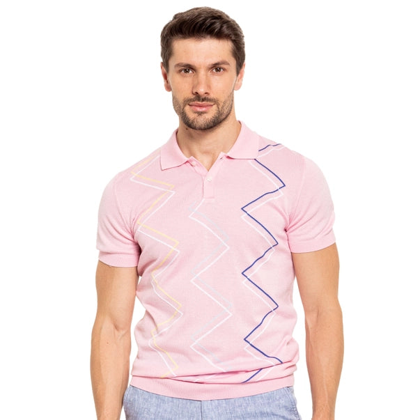 Short Sleeve Zig Zag Knit Polo - Pink