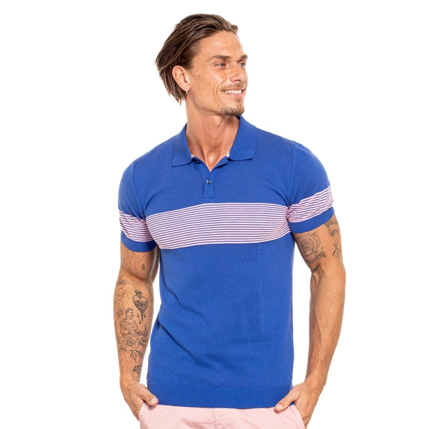 Men's Short Sleeve Striped Chest Knit Polo - Blue