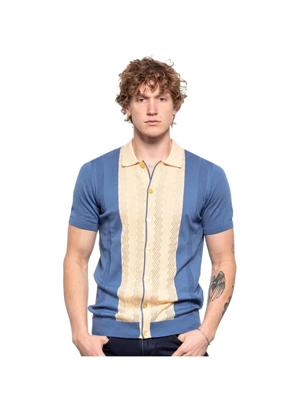 Short Sleeve Button Down Knit Shirt - Blue/Cream