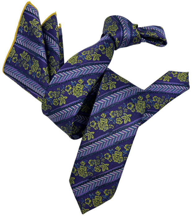 Dmitry Men's Purple Patterned Italian Silk Semi Skinny Tie & Pocket Square Set