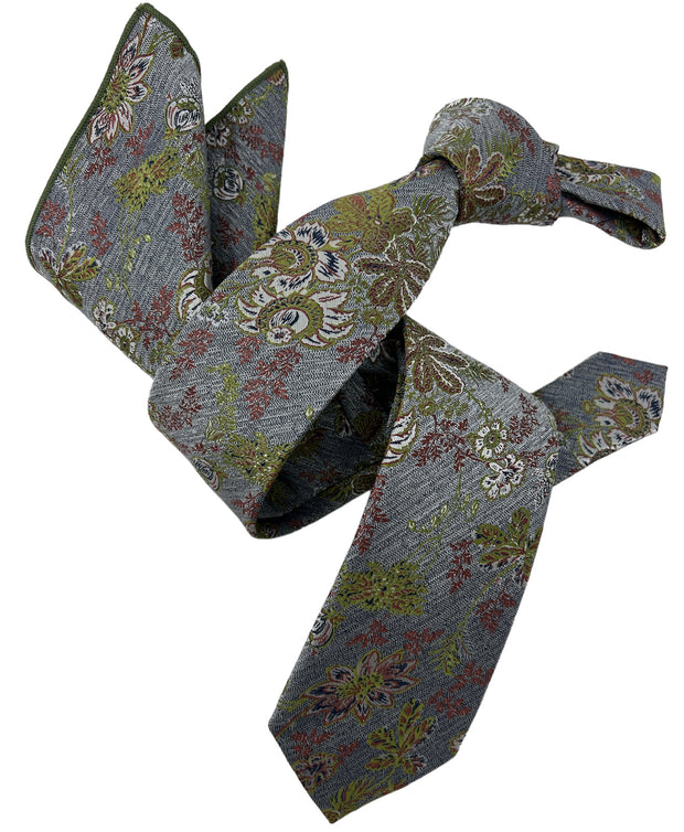 Dmitry Men's Green Patterned Italian Silk Semi Skinny Tie & Pocket Square Set