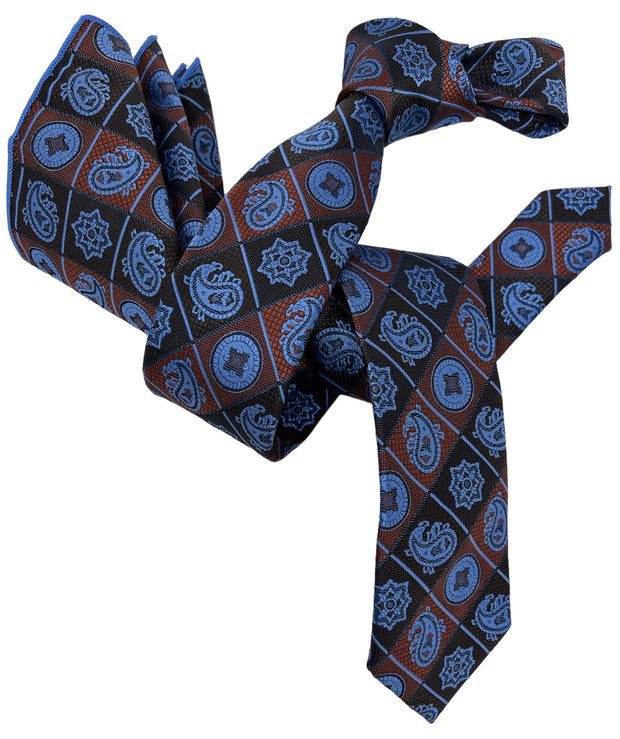 Dmitry Men's Blue/Brown Patterned Italian Silk Semi Skinny Tie & Pocket Square Set