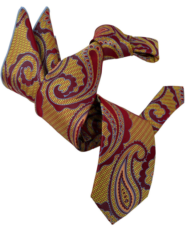DMITRY 7-Fold Men's Yellow/Red Patterned Italian Silk Tie & Pocket Square Set