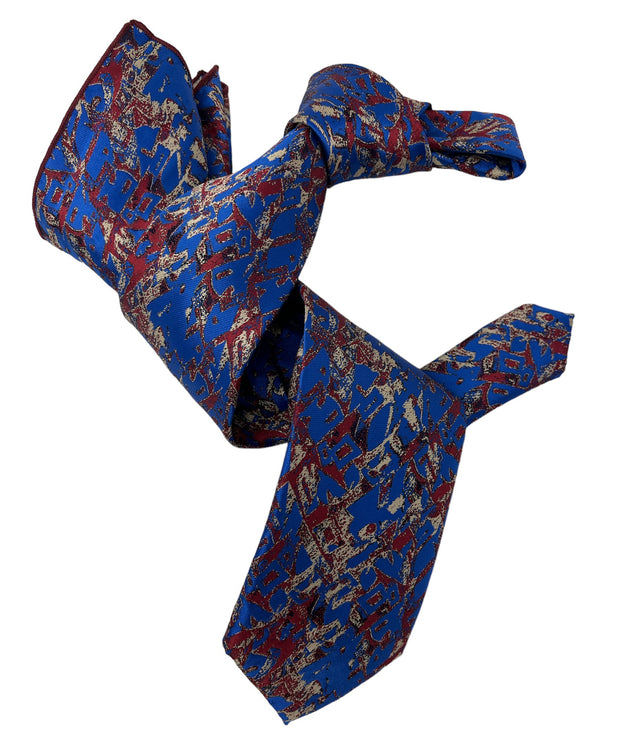 DMITRY 7-Fold Men's Blue Patterned Italian Silk Tie & Pocket Square Set