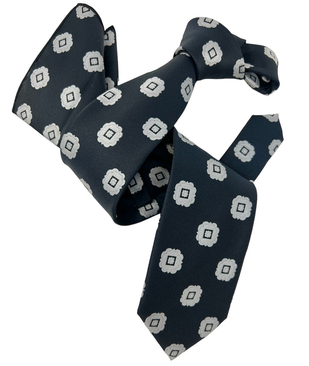 DMITRY Men's Navy Patterned Italian Silk Tie & Pocket Square Set