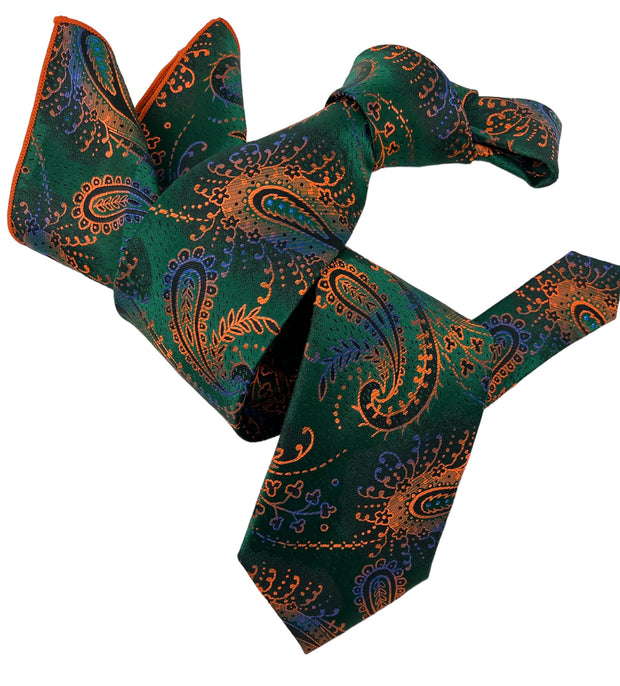 DMITRY 7-Fold Men's Green/Orange Patterned Italian Silk Tie & Pocket Square Set