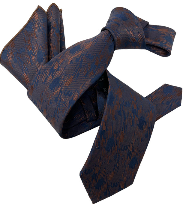 DMITRY Men's Brown/Navy Patterned Italian Silk Tie & Pocket Square Set