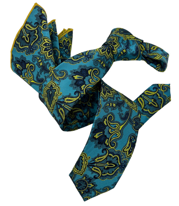 Dmitry Men's Turquoise Patterned Italian Silk Semi Skinny Tie & Pocket Square Set