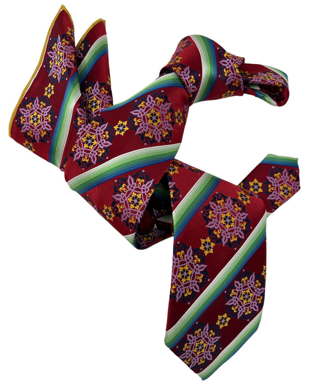 DMITRY 7-Fold Men's Red Patterned Italian Silk Tie & Pocket Square Set