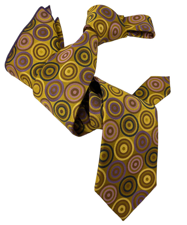 DMITRY 7-Fold Men's Gold Patterned Italian Silk Tie & Pocket Square Set
