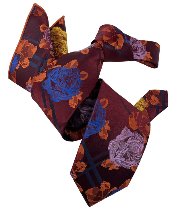 DMITRY 7-Fold Men's Burgundy Patterned Italian Silk Tie & Pocket Square Set