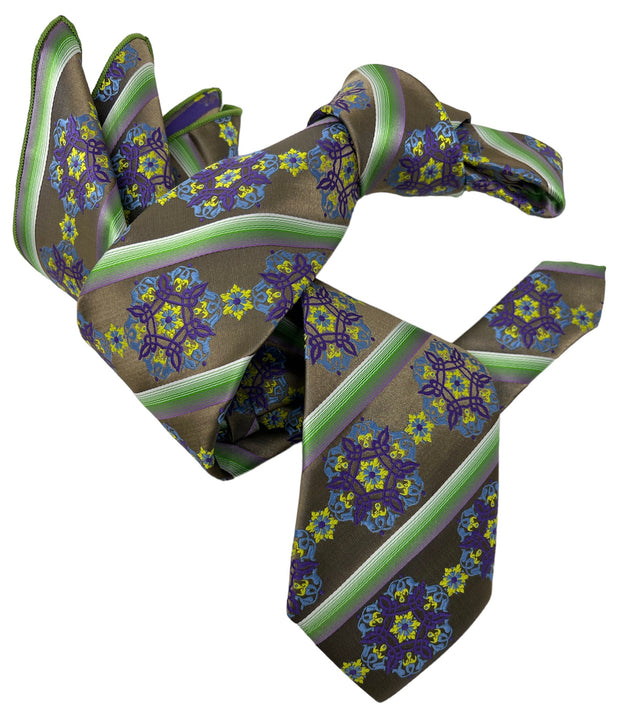 DMITRY 7-Fold Men's Taupe Patterned Italian Silk Tie & Pocket Square Set