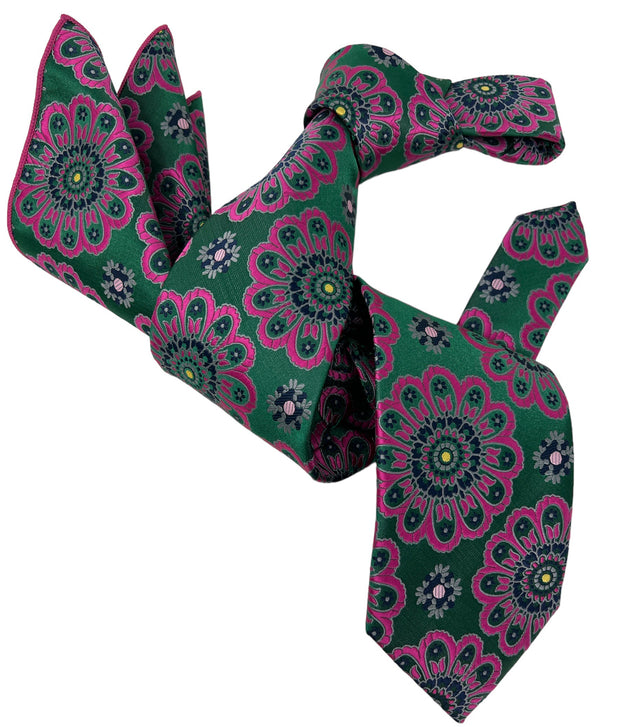 DMITRY 7-Fold Men's Green/Fuchsia Patterned Italian Silk Tie & Pocket Square Set