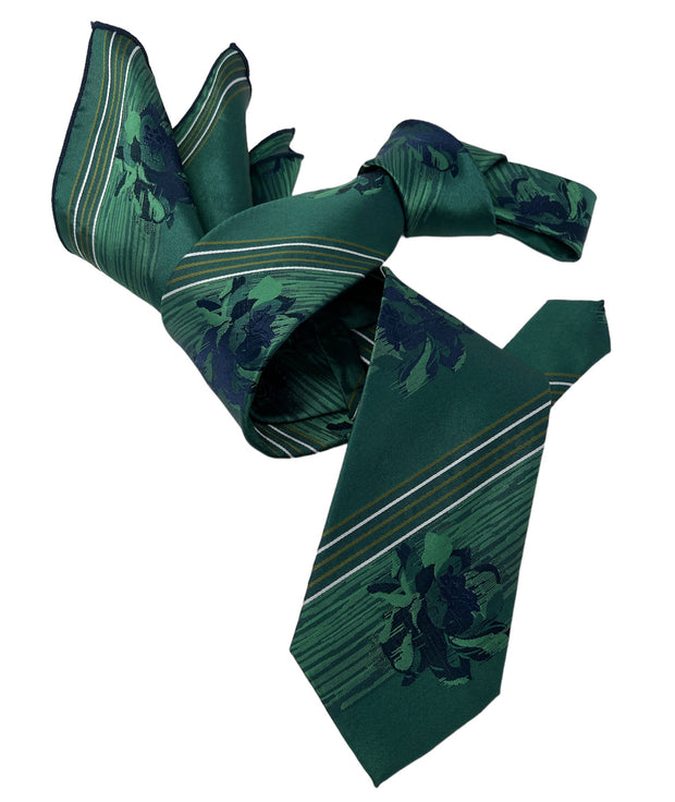 DMITRY Men's Green Patterned Italian Silk Tie & Pocket Square Set