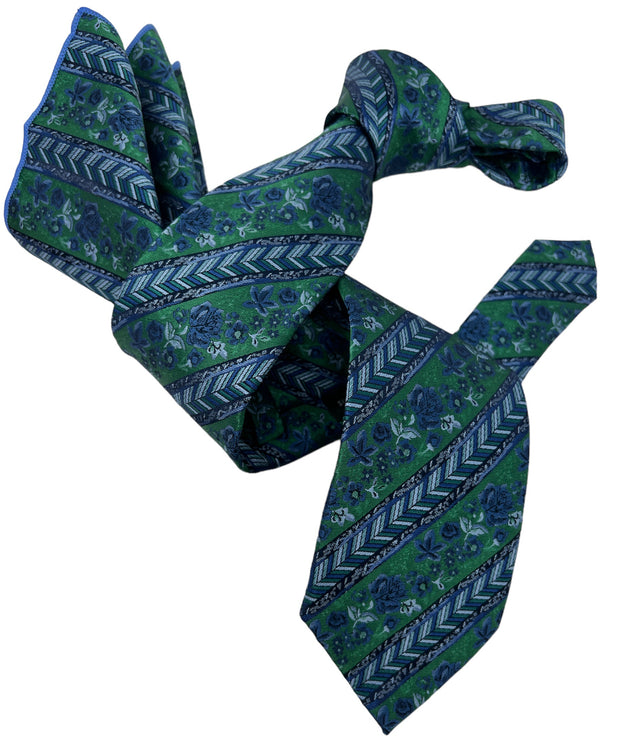 DMITRY Men's Green/Blue Patterned Italian Silk Tie & Pocket Square Set