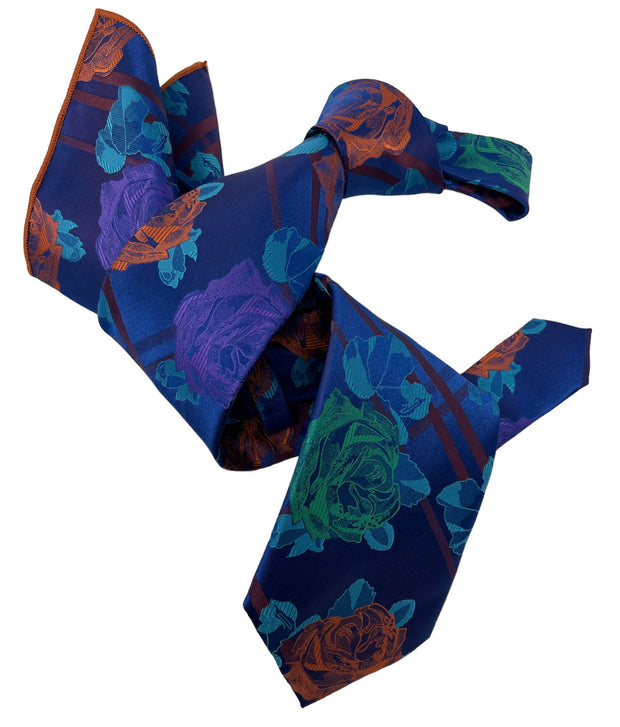 DMITRY 7-Fold Men's Blue/Purple Patterned Italian Silk Tie & Pocket Square Set