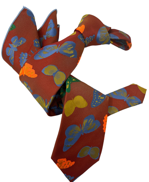 DMITRY 7-Fold Men's Rust Orange Patterned Italian Silk Tie & Pocket Square Set