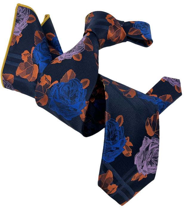 DMITRY 7-Fold Men's Navy Patterned Italian Silk Tie & Pocket Square Set