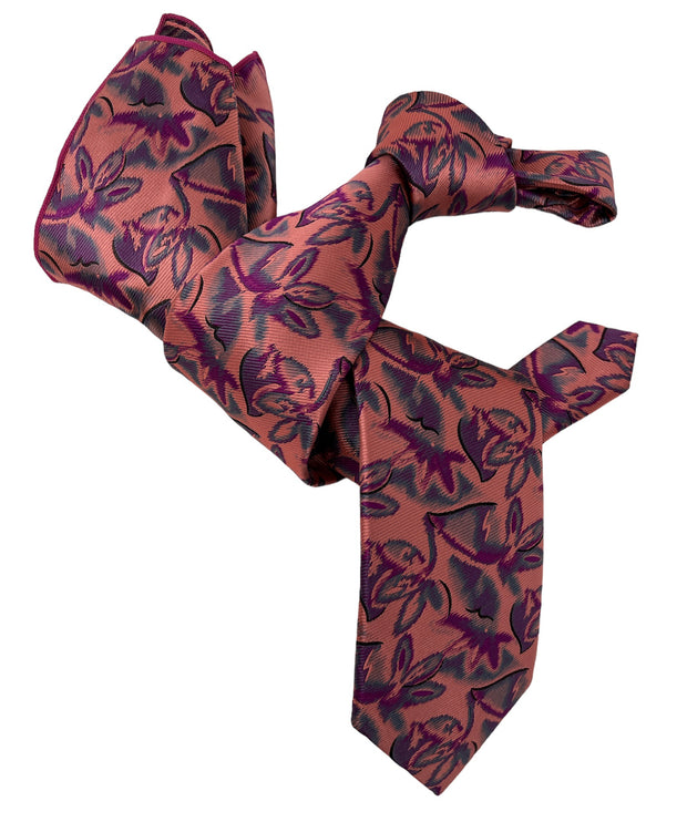 DMITRY 7-Fold Men's Coral/Pink Patterned Italian Silk Tie & Pocket Square Set
