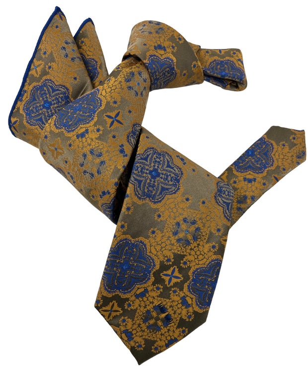 DMITRY 7-Fold Men's Rust/Blue Patterned Italian Silk Tie & Pocket Square Set