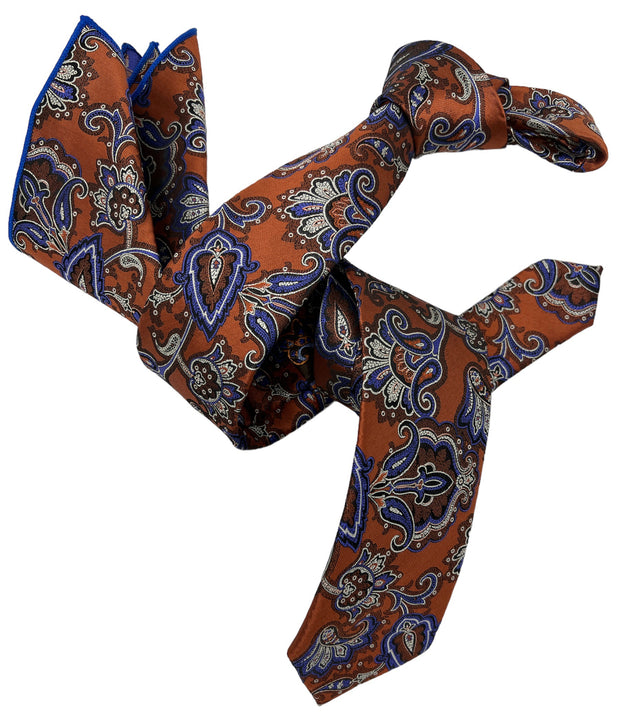 DMITRY Men's Rust Orange Patterned Italian Silk Semi Skinny Tie & Pocket Square Set