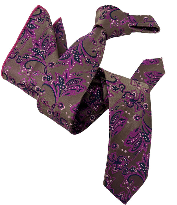 DMITRY Men's Fuchsia/Brown Patterned Italian Silk Semi Skinny Tie & Pocket Square Set