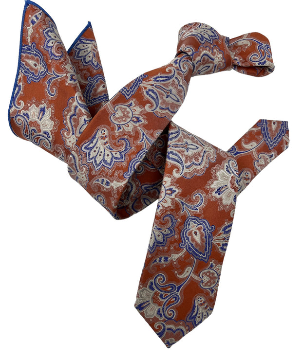 DMITRY Men's Orange Patterned Italian Silk Semi Skinny Tie & Pocket Square Set