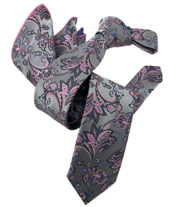 DMITRY Men's Silver/Pink Patterned Italian Silk Semi Skinny Tie & Pocket Square Set