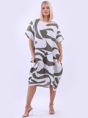 DMITRY Women's Made in Italy Khaki Abstract Print Linen Dress