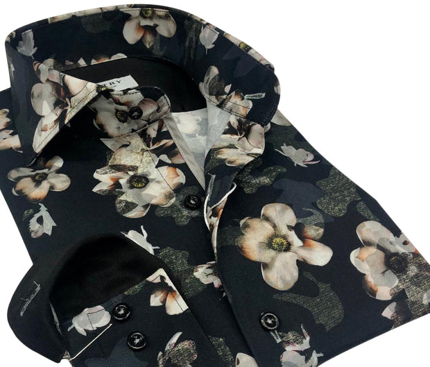 DMITRY Italian Black Floral Cotton Men's Long Sleeve Shirt