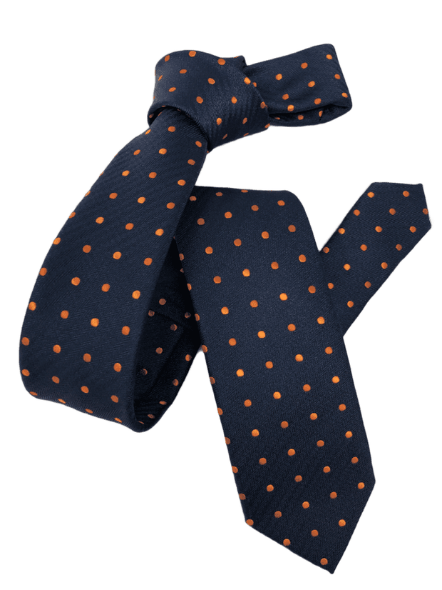 DMITRY Men's Navy/Orange Polka Dot Patterned Italian Silk Skinny Tie