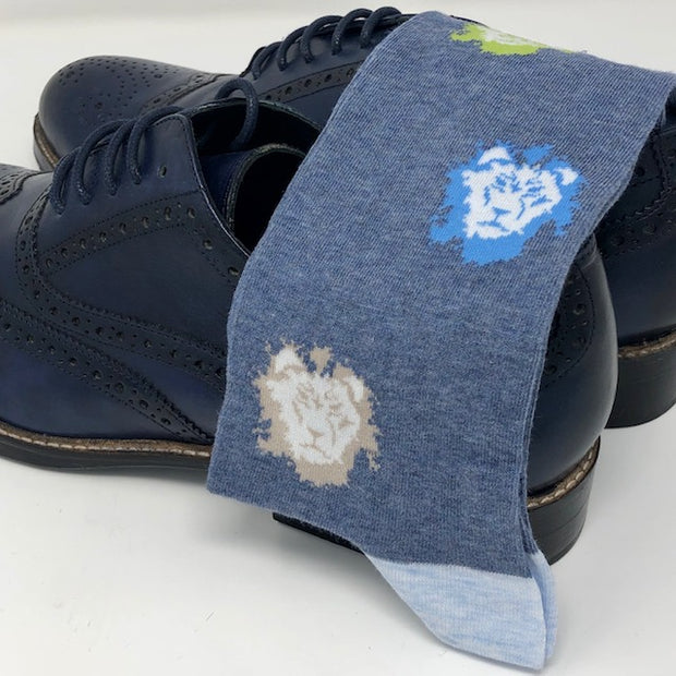DMITRY Blue Lion Patterned Made in Italy Mercerized Cotton Blend Socks