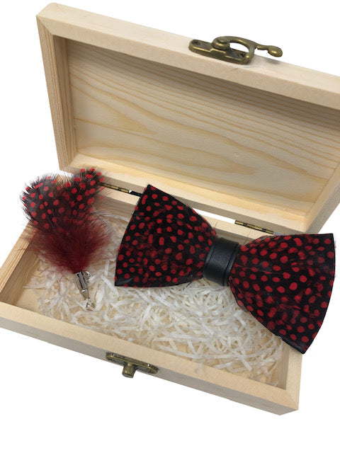 Handmade Feather Black/Red Polka Dot Pre-Tied Bow Tie & Lapel Pin Set