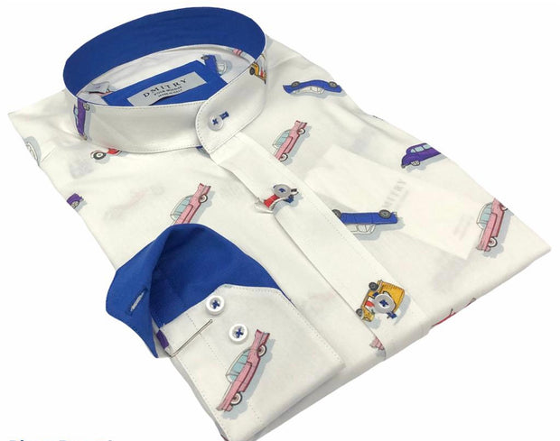 DMITRY Men's "Cars" Mandarin Collar Cotton Long Sleeve Shirt (Online Exclusive)