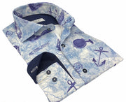 DMITRY Italian Blue Patterned Cotton Men's Long Sleeve Shirt (Online Exclusive)