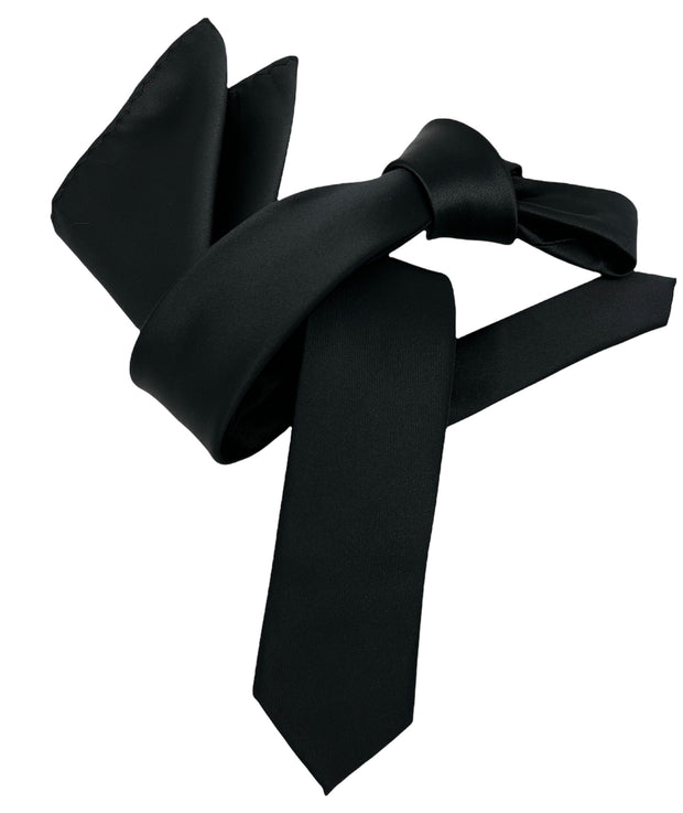 Dmitry Men's Solid Black Italian Silk Skinny Tie & Pocket Square Set