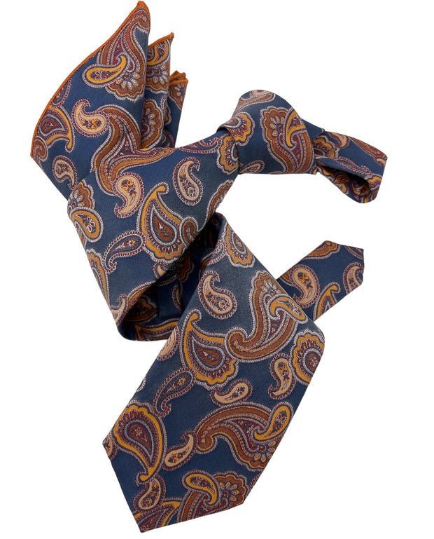 DMITRY 7-Fold Men's Denim Blue Patterned Italian Silk Tie & Pocket Square Set
