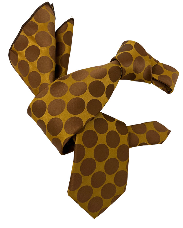 DMITRY 7-Fold Men's Brown Polka Dot Patterned Italian Silk Tie & Pocket Square Set