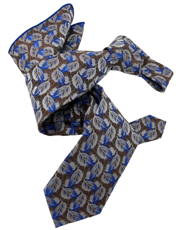 DMITRY Men's Brown/Blue Patterned Italian Silk Tie & Pocket Square Set