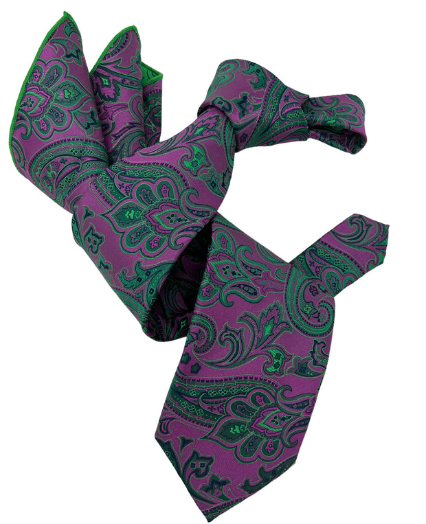 DMITRY 7-Fold Men's Magenta Patterned Italian Silk Tie & Pocket Square Set