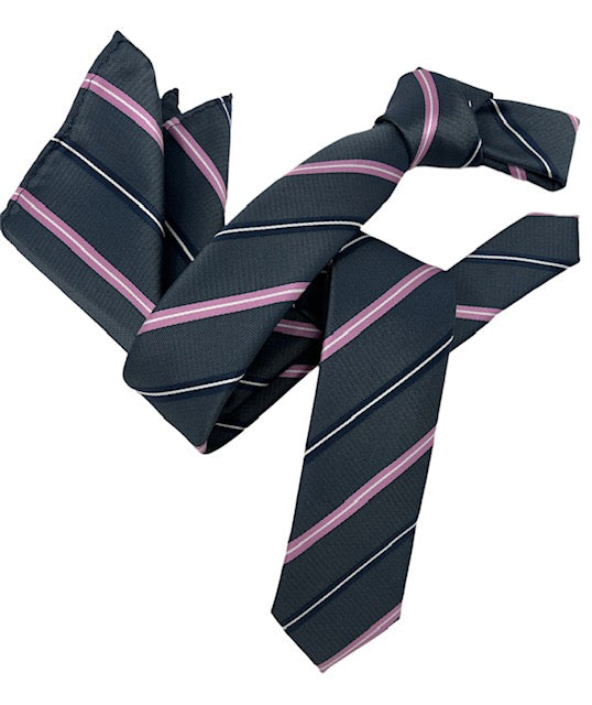 Dmitry Men's Slate Grey Striped Italian Silk Skinny Tie & Pocket Square Set