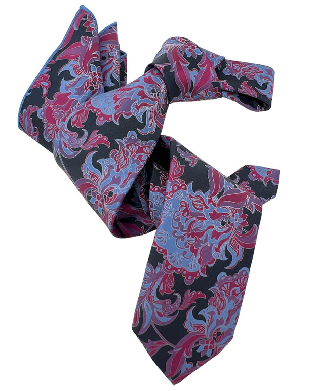 DMITRY 7-Fold Men's Fuchsia/Grey Patterned Italian Silk Tie & Pocket Square Set