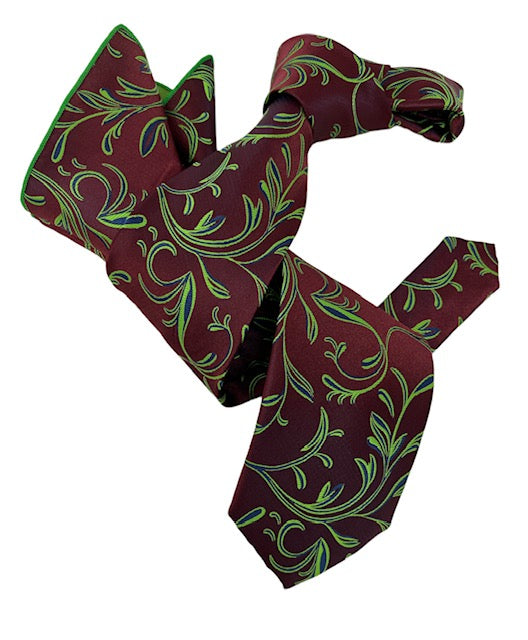 DMITRY 7-Fold Men's Burgundy Patterned Italian Silk Tie & Pocket Square Set