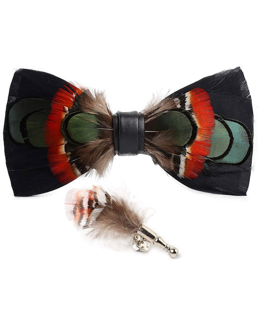 Handmade Feather Patterned Pre-Tied Bow Tie & Lapel Pin Set