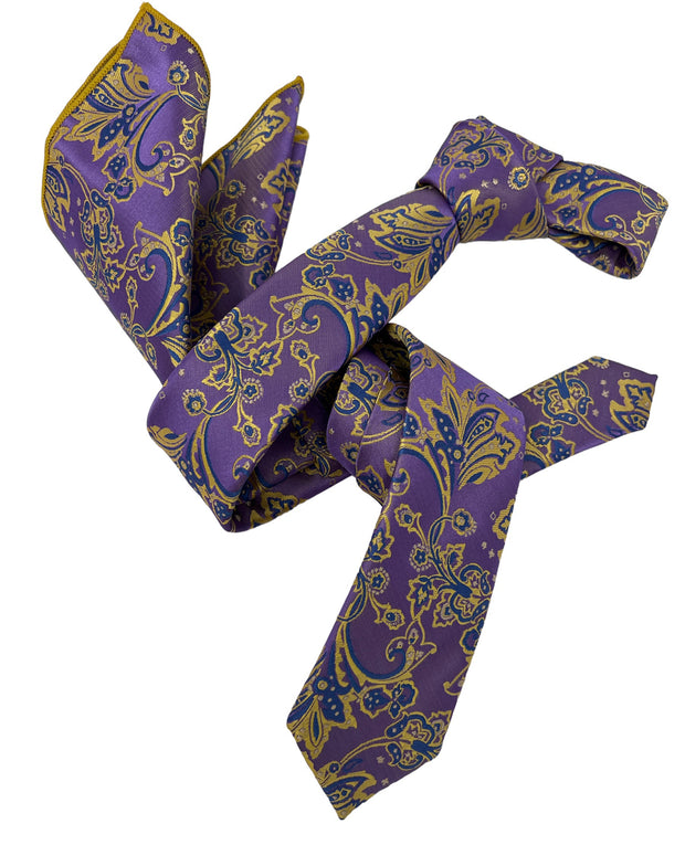Dmitry Men's Purple Patterned Italian Silk Skinny Tie & Pocket Square Set