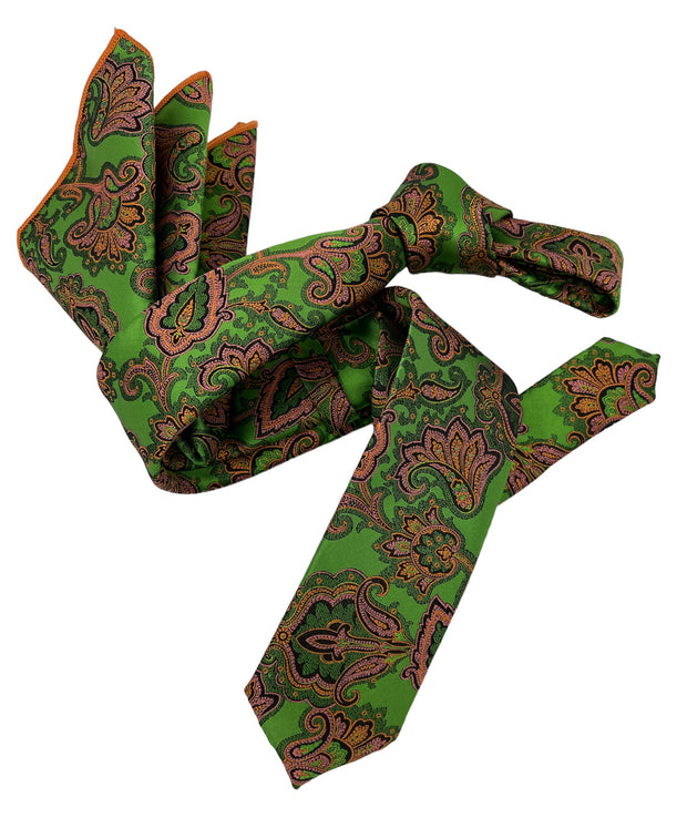 Dmitry Men's Green Patterned Italian Silk Skinny Tie & Pocket Square Set