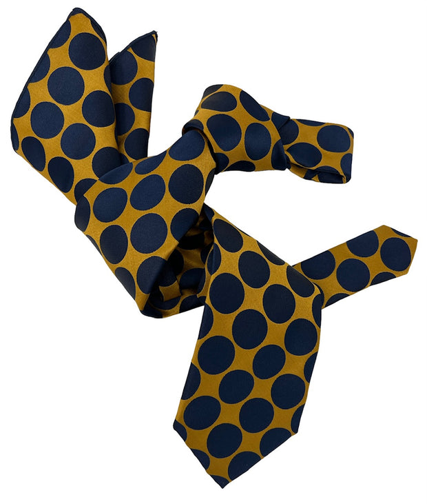 DMITRY 7-Fold Men's Navy/Gold Polka Dot Italian Silk Tie & Pocket Square Set