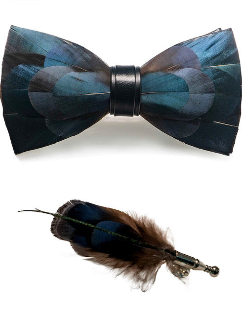 Handmade Feather Patterned Pre-Tied Bow Tie & Lapel Pin Set