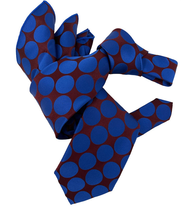 DMITRY 7-Fold Men's Blue/Brown Polka Dot Italian Silk Tie & Pocket Square Set