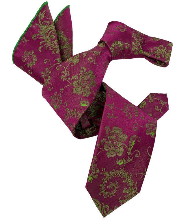 DMITRY 7-Fold Men's Magenta/Green Patterned Italian Silk Tie & Pocket Square Set